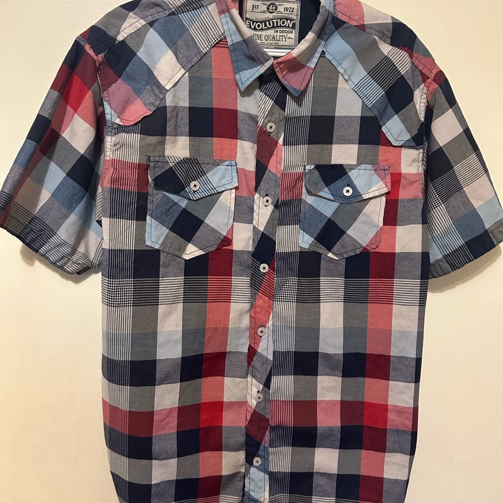 Evolution Plaid Cotton  Button Down Shirt XL Navy, Red & Light Blue